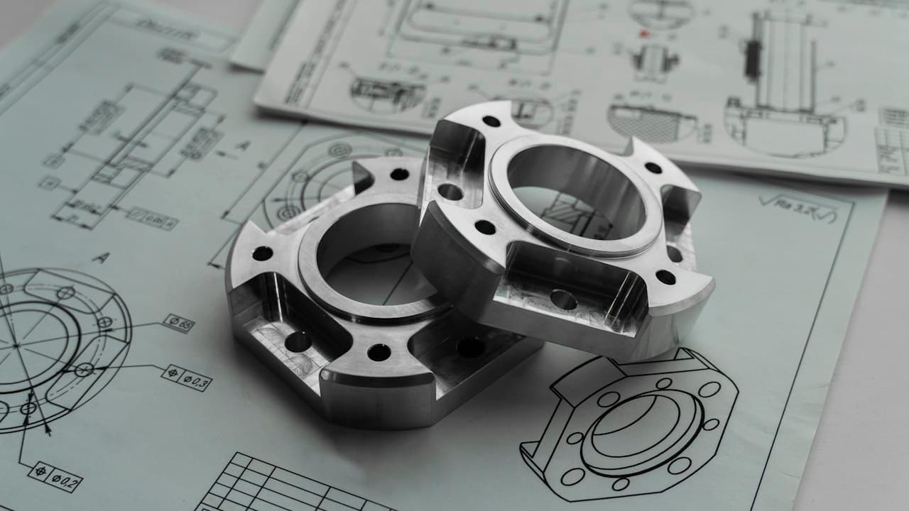 Machined metal parts resting on engineering drawings